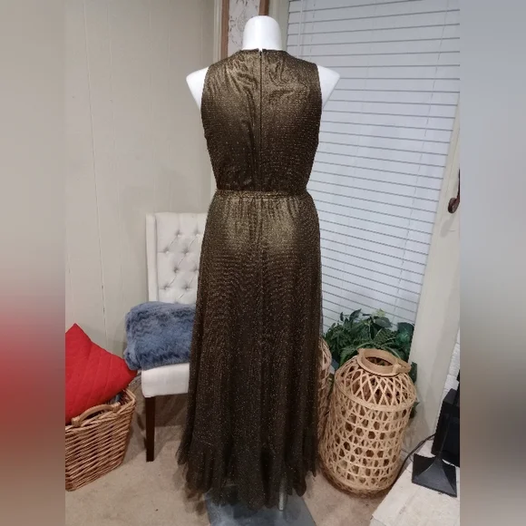Gold Bronze Metallic Tiered Ruffle Hem Dress Size 16 Shawl Included NWOT - Picture 8 of 14